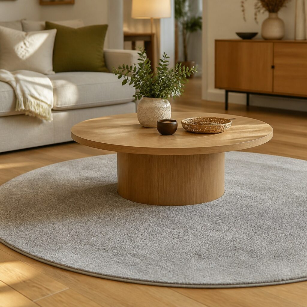 Tapis rond gris posé sous une table basse ronde dans un séjour clair