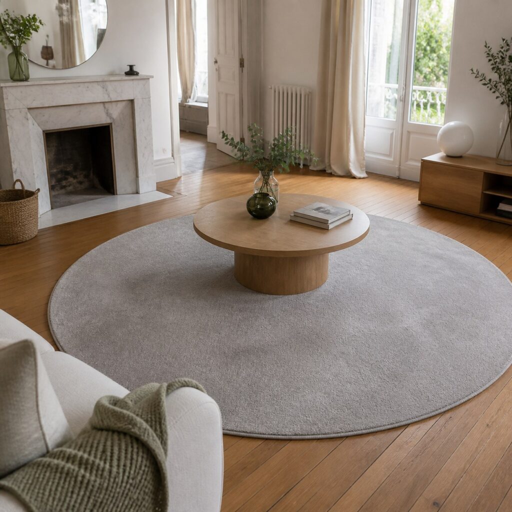 Tapis rond gris vu de biais, table basse ronde centrée dessus