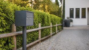Boîte aux lettres métallique sur pied installée en bordure d'allée devant une clôture basse et une haie