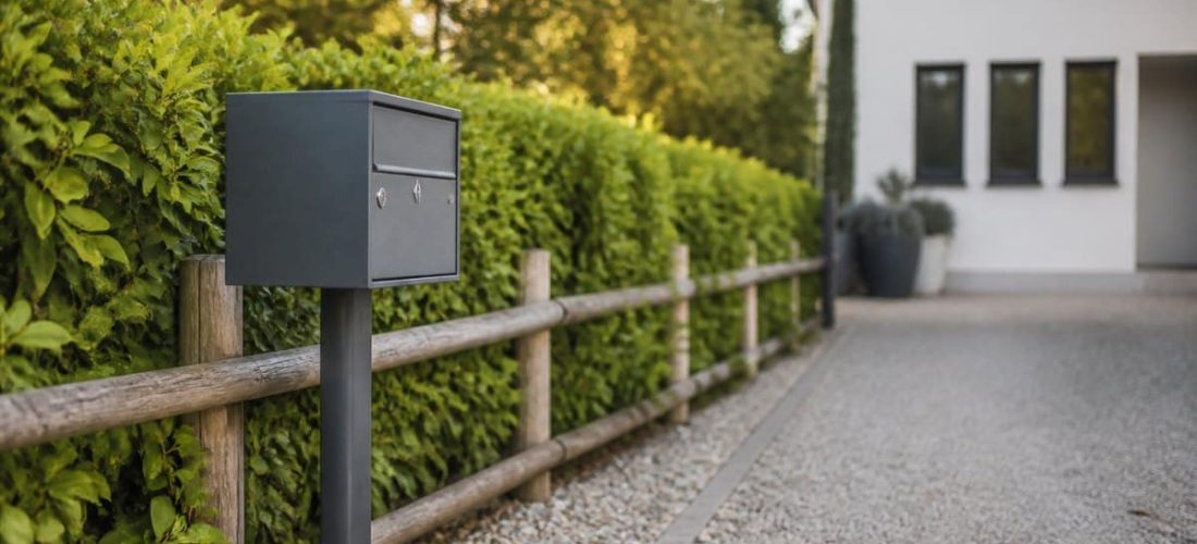Boîte aux lettres métallique sur pied installée en bordure d'allée devant une clôture basse et une haie