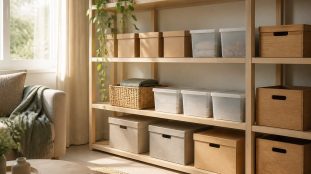 Boîtes de rangement en carton, en plastique et en bois alignées sur une étagère claire dans un salon éclairé par la lumière du jour