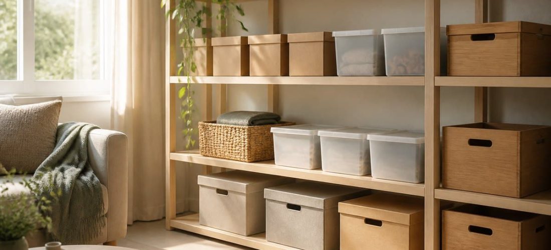 Boîtes de rangement en carton, en plastique et en bois alignées sur une étagère claire dans un salon éclairé par la lumière du jour