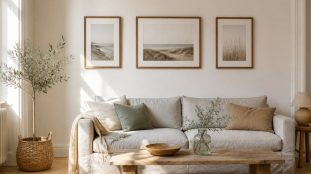 Mur de cadres en bois de trois formats différents composé au-dessus d'un canapé dans un salon lumineux
