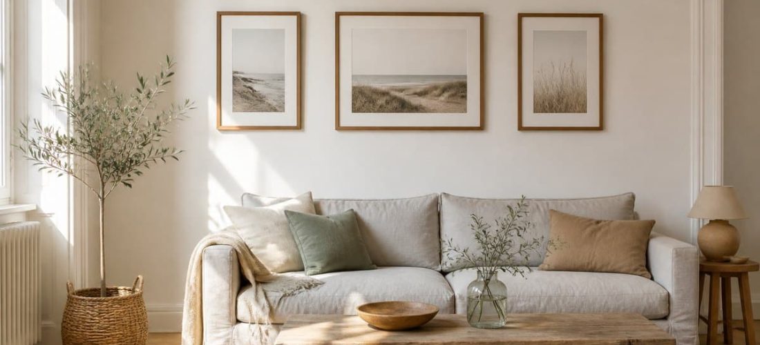 Mur de cadres en bois de trois formats différents composé au-dessus d'un canapé dans un salon lumineux