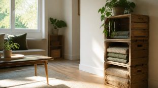 Caisses en bois empilées contre un mur clair dans un salon lumineux, garnies de plaids et de plantes