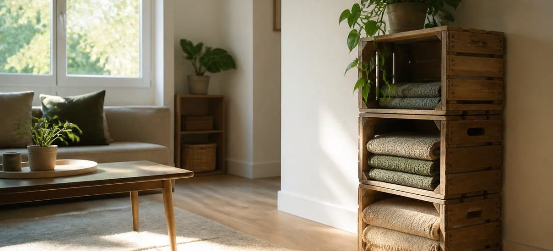 Caisses en bois empilées contre un mur clair dans un salon lumineux, garnies de plaids et de plantes