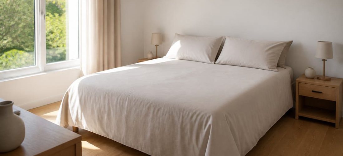 Lit deux places recouvert d'une housse de couette en coton clair bien ajustée, dans une chambre lumineuse au parquet en chêne