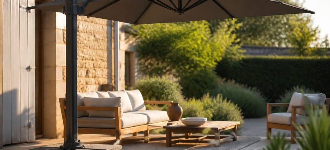 Parasol déporté ouvert sur une terrasse, avec sa base en croix chargée de dalles de lestage carrées empilées