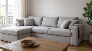 Canapé d'angle en L habillé d'une housse en tissu gris perle dans un séjour lumineux au parquet clair