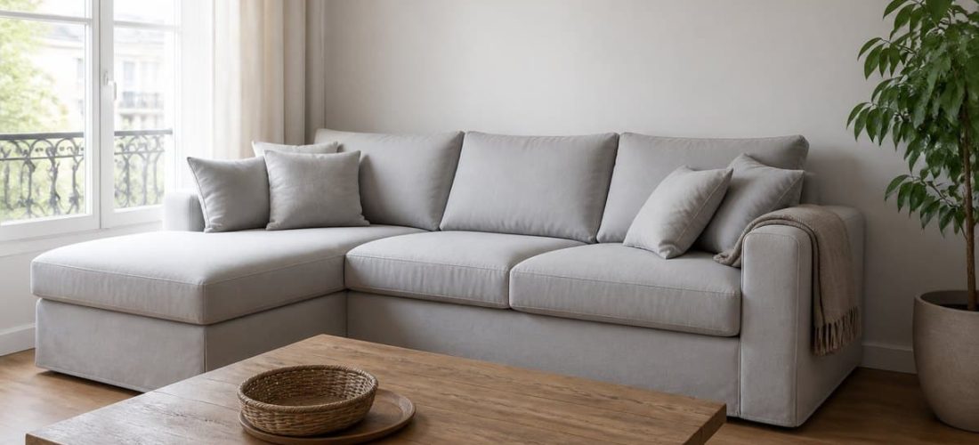Canapé d'angle en L habillé d'une housse en tissu gris perle dans un séjour lumineux au parquet clair