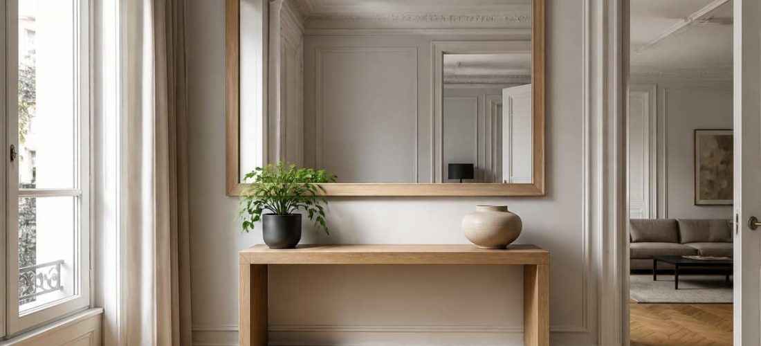 Miroir mural rectangulaire à cadre en bois clair accroché au-dessus d'une console en chêne dans une entrée lumineuse