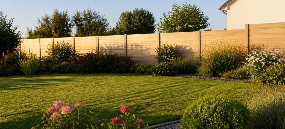 Palissade en bois clair délimitant un jardin de maison individuelle, vue d'ensemble en lumière naturelle